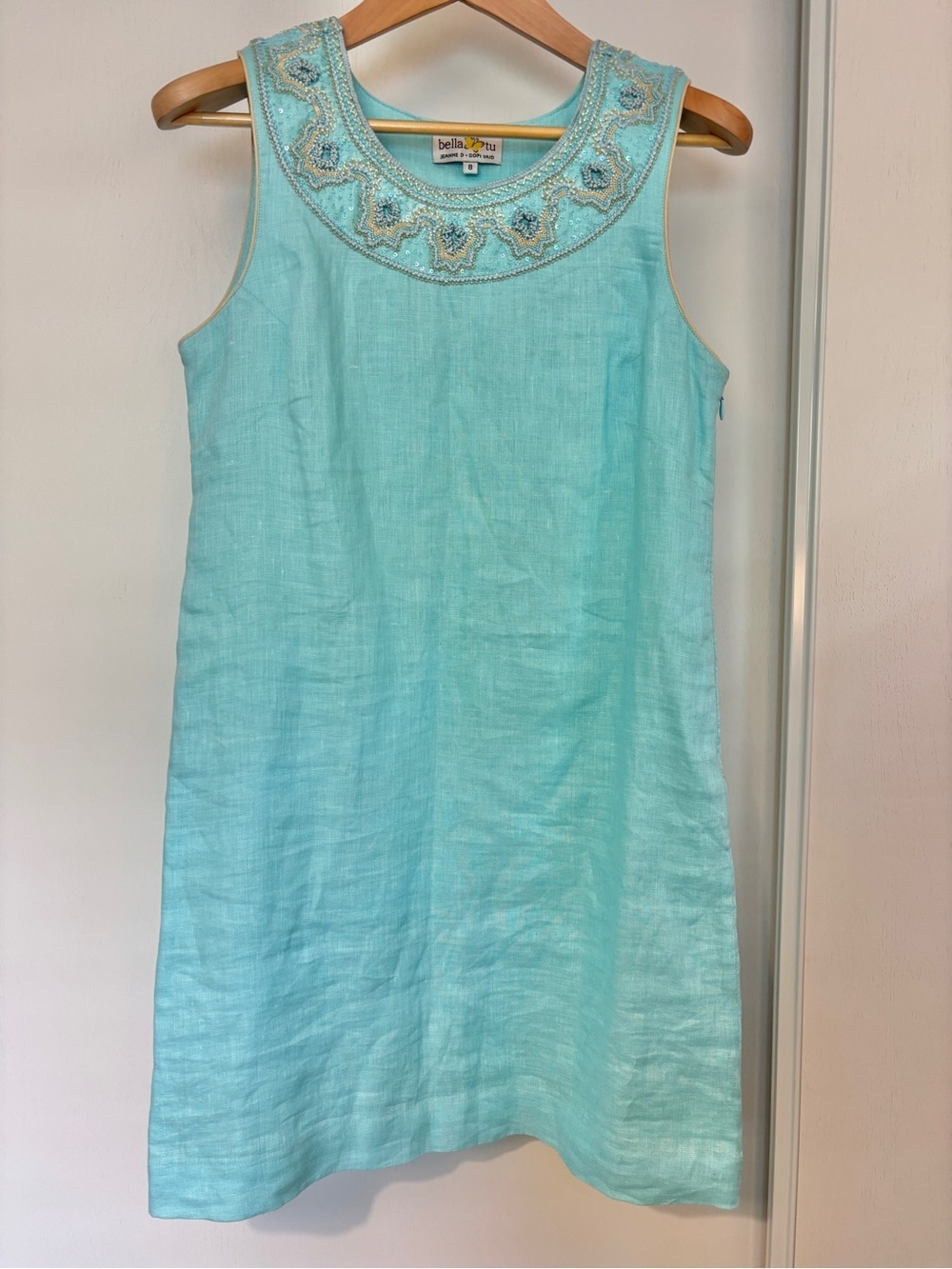 Bella Tu Floral Dress Beaded Linen Shift Size 8 Turquoise Blue Coastal Boho Chic